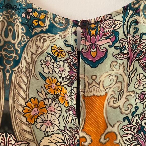 Maria Cher. Blue Purple Floral Abstract Blouse Rouched Cropped Silk size Large - Picture 8 of 12